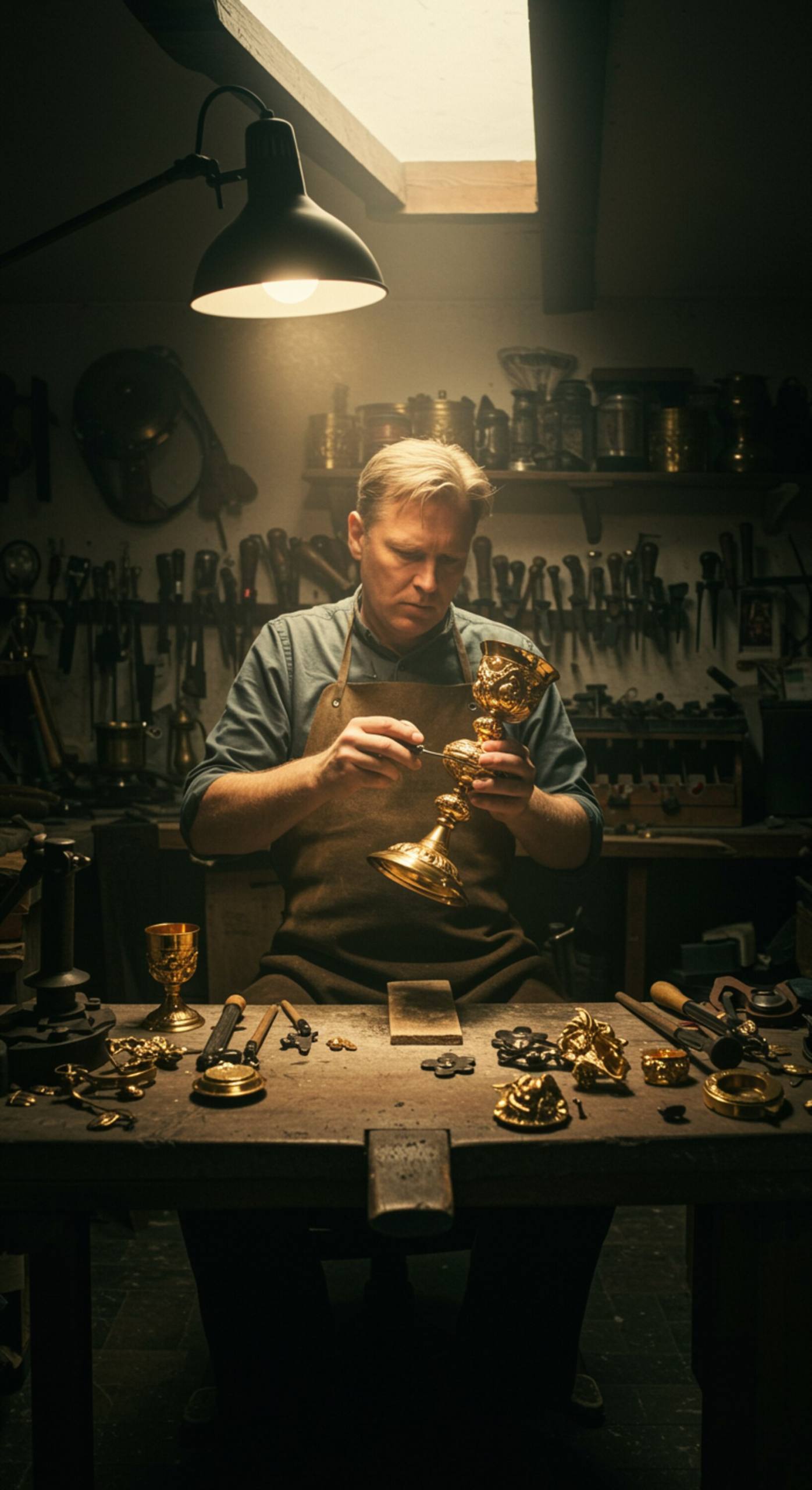 "Artesano orfebre elaborando a mano un cáliz litúrgico en su taller, rodeado de herramientas de latón y fragmentos metálicos, iluminado por luz natural."