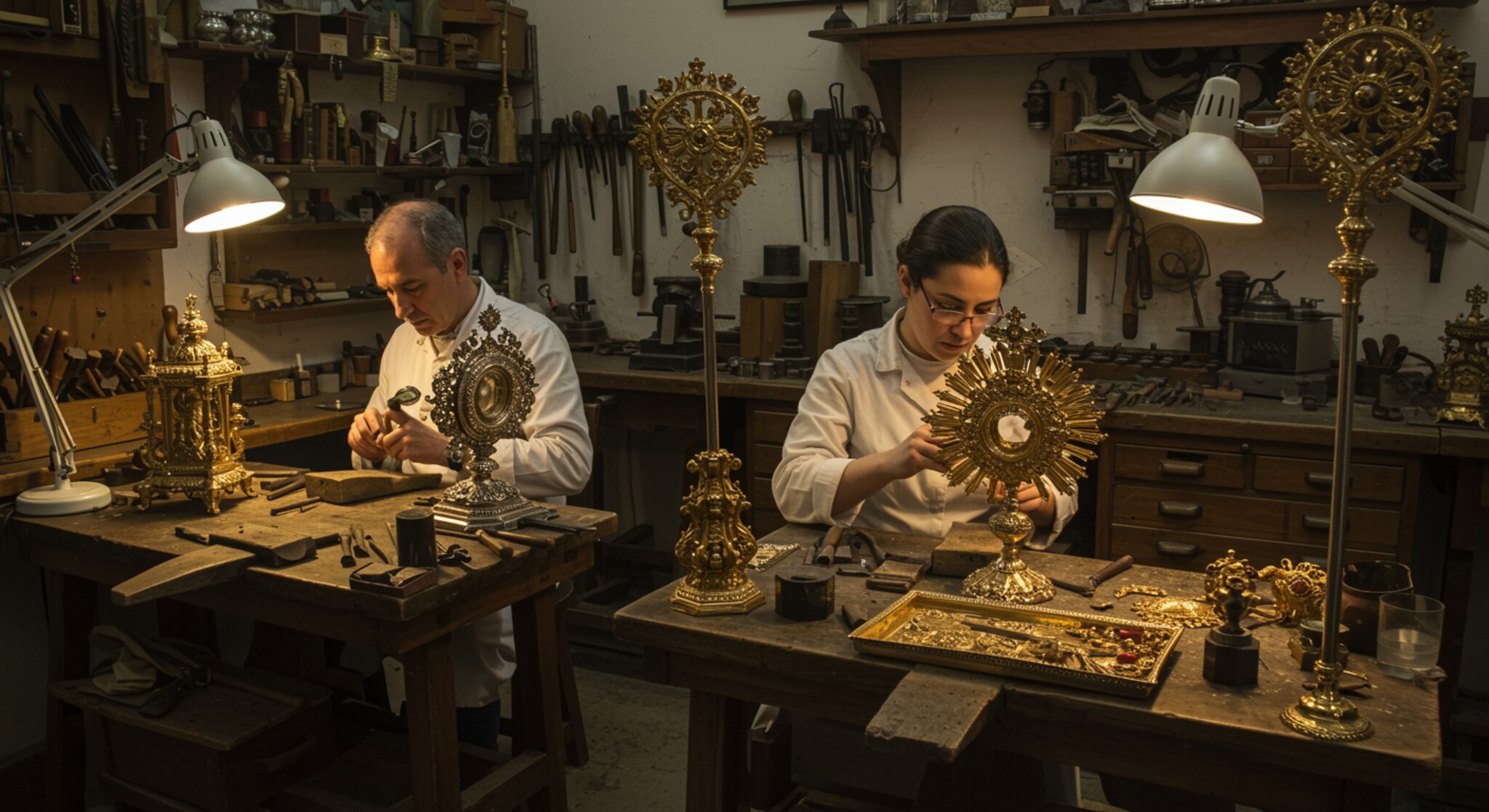 "Escena en un taller de orfebrería andaluza, donde artesanos restauran piezas religiosas para Semana Santa, iluminados por luz natural en un ambiente de tradición y devoción."